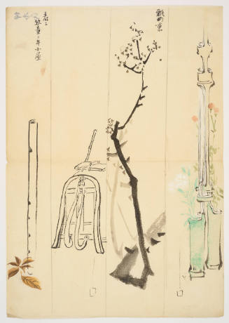 Sketches for Tanzaku Poem Cards: Flute with Leaves, Wooden Framed Pack, Tree Branches, and Bamboo Flower Vase with Flowers

