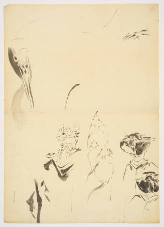 Sketches for Tanzaku Poem Cards:Crane, Jüröjin, Three Mice, and Woman in Kimono
