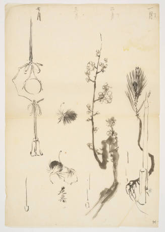Sketches for Tanzaku Poem Cards: Hanging Ornament, Feathers, Plum Blossoms, and Bamboo stick and Pine
