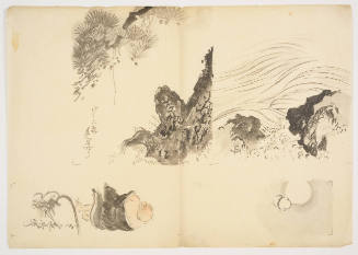 Three Drawings: Man Looking at Moon, Water and Rocks, and Pine Branch
