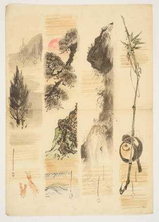 Sketches for Tanzaku Poem Cards: Deer in Forest, Pine Tree and Red Sun, Turtle Climbing Cliff, and Incense Burner and Bamboo Stick 
