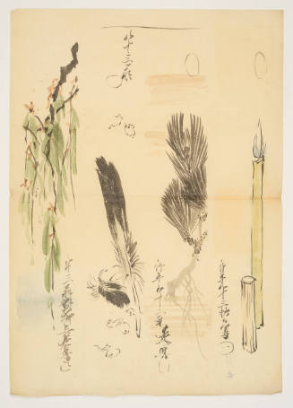 Sketches for Tanzaku Poem Cards: Tree Leaves; Feathers, Pine Branch, and Calligraphy Brush
