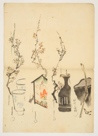 Sketches for Tanzaku Poem Cards: Plum Tree and Sake Cups, Plum Tree and Ema, Plum Tree and Sake Bottle, Tea Cup and Stick
