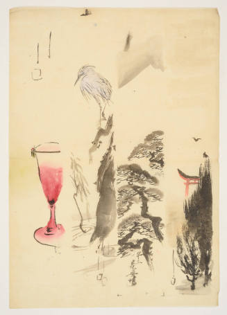 Sketches for Tanzaku Poem Cards: Red Cup with Fly on the Rim, White Bird on the Branch, Pine Trees, and Torii among Trees
