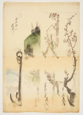 Sketches for Tanzaku Poem Cards: Monk’s Staff and Bird, Face of the Mountain, Wooden Sign with Plum Tree, and Plum Tree
