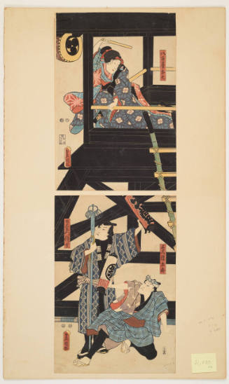 Bandō Shūka I as Yaoya Oshichi, Ichikawa Kuzō II as Goshaku Somegorō, Ichikawa Danjūrō VIII as Dozaemon Denkichi