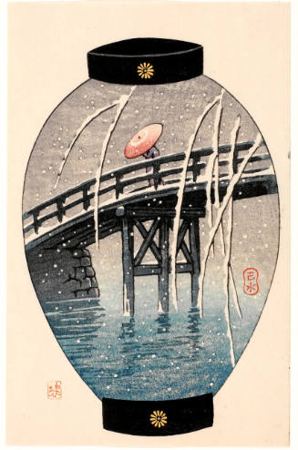 Bridge in the Snow Design on Lantern  (descriptive title)
