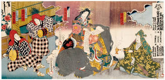 Ichikawa Kuzo III as a Lion-Dog (far left), Ichimura Takematsu III as another Lion-Dog (center left), Ichimura Kakitsu IV as the Courtesan Eguchi no Kimi in a Parody of Bodhisattva Samantabhadra (astride elephant), and Sawamura Tossho II as Priest Saigyo (far right)