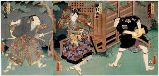 Kawarazaki Gonjūrō I as Nagoya Sanza (L), Nakamura Shikan IV as Fuwa Banzaemon (C), and Ichimura Uzaemon XIII as Kabu Shikazō (R)