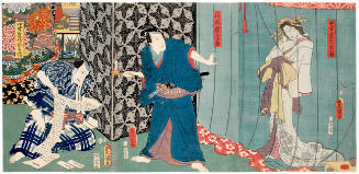 Onoe Kikugorö IV as Chümanji-ya Tamagiku,  Bandö Hikosaburö V as Inaki Shinnojö,  Ichikawa Kodanji IV as Chümanji-ya Yahee in the Kabuki play 'Ami moyö Törö no Kikukiri'