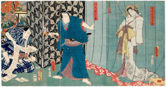 Inagi Shinnosuke (center) and the Courtesan Tamagiku of the Nakamanjiya brothel (right)
