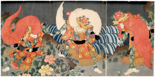 Three kabuki actors dressed as lion-dogs and performing a dance
