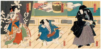 Seki Sanjūrō III as Nippon Daemon, Nakamura Shikan IV as Nangō Rikimaru, and Ichimura Uzaemon XIII as Benten Kozō Kikunosuke
