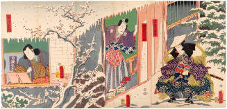 Kawarazaki Gonjürö I as Teshima kanja (R), Ichimura Uzaemon XIII as Sasaki no Katsuranosuke (C), and Nakamura Shikan IV as Umezu Kamon (L) in the Kabuki play ‘Chiyo no haru Tosa-e no saya ate’