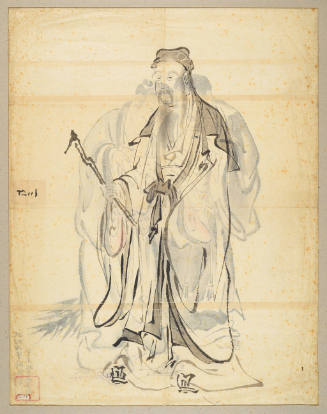 standing figure of an immortal with a staff in hand.