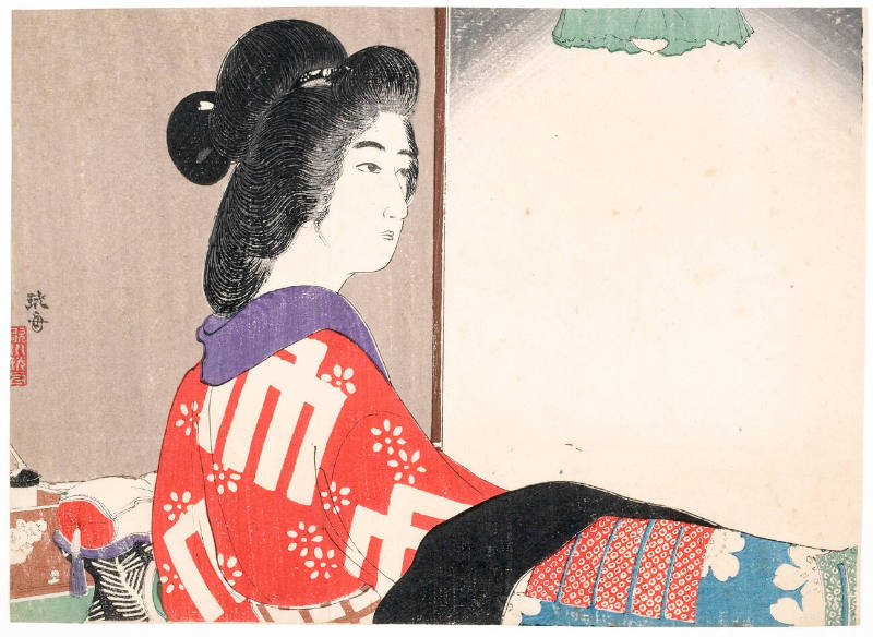 Woman Dressed in Red Kimono with Genji Mon