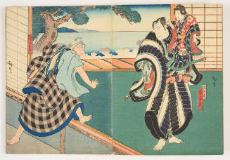 Mimasu Jakusaburō I as Komawakamaru, Nakamura Utaemon IV as Matsuemon, and Kataoka Ichizō I as Gonshirō