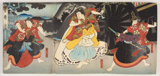 Mimasu Daigorō IV as Umeōmaru, Nakamura Utaemon IV as Matsuōmaru, and Jitsukawa Enzaburō I as Sakuramaru in Act 3 of Sugawara