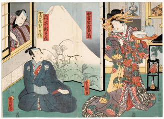 Onoe Kikugoro IV as the courtesan Tamagiku of the Nakamanjiya Brothel (R), Bando Hikosaburo V as Inagi Shinnosuke (C), and Ichikawa Kodanji IV as Nakamanya Yahei (L)