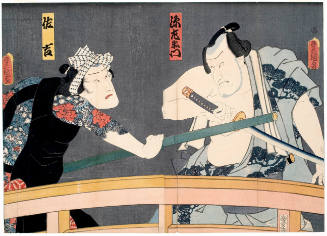 Sakichi (left) and Genzaemon (right) in the kabuki play "Sakichi of Arakawa"