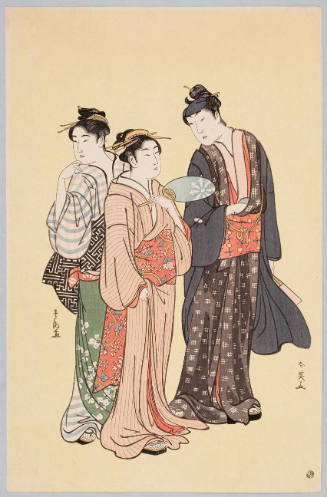 Iwai Hanshirō IV in Street Attire (by Shunei) Conversing with Two Women (by Shunchō)