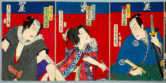 Bandö Hikosaburö as Nippon Daemon disguised as a Master, Onoe Kikugorö as Benten Kozö Kikunosuke, and Ichikawa Sadanji as Nangö Rikimaru