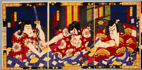 Nakamura Shikan IV as Matsuömaru (R), Ichikawa Sadanji as Umeömaru (C), and Onoe Kikugorö as Sakuramaru (L)