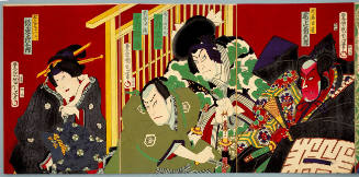 Onoe Kikugorö V as Shindö Genba (far right), Nakamura Shikan IV as Toneri Matsu'ömaru (center right), Nakamura Kanjaku III as Takebe Genzö (center left), and Bandö Hikosaburö VI as Matsuo nyöbö Chiyo (far left)