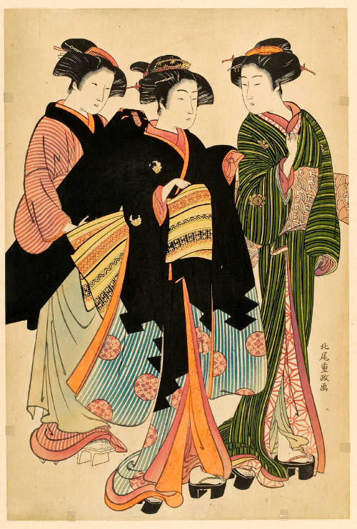 Modern Reproduction of: Geisha, Assistant, and Maid Carrying Shamisen Case