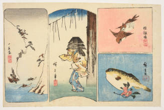 River in Snow, Woman Wearing Kettle, Sparrows, Blowfish and Camellia (Descriptive Title)