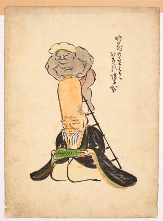 Otsu-e print: Daitoku on a Ladder Shaving Fukurokujin's Head