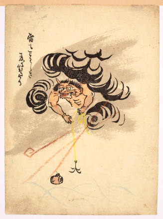 Otsu-e print: Raijin the Thunder God Fishing his Lost Drum out of the Sea