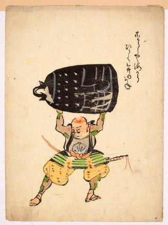 Otsu-e print: Musashibo Benkei Carrying the Bell of Mii-dera Temple